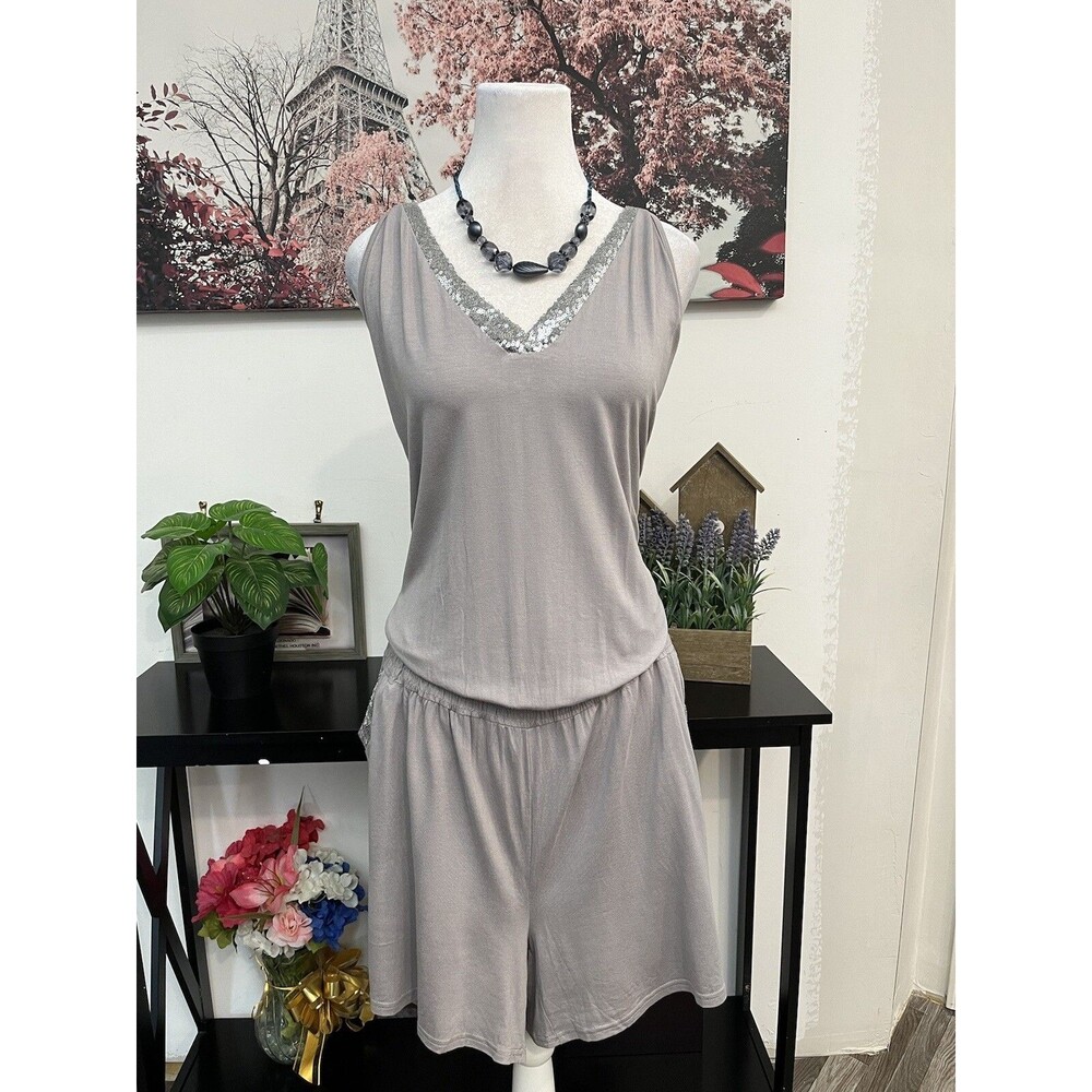 LASCANA for VENUS Gray Sequin Trim Drop Waist Sleeveless Romper Plus Size 1X